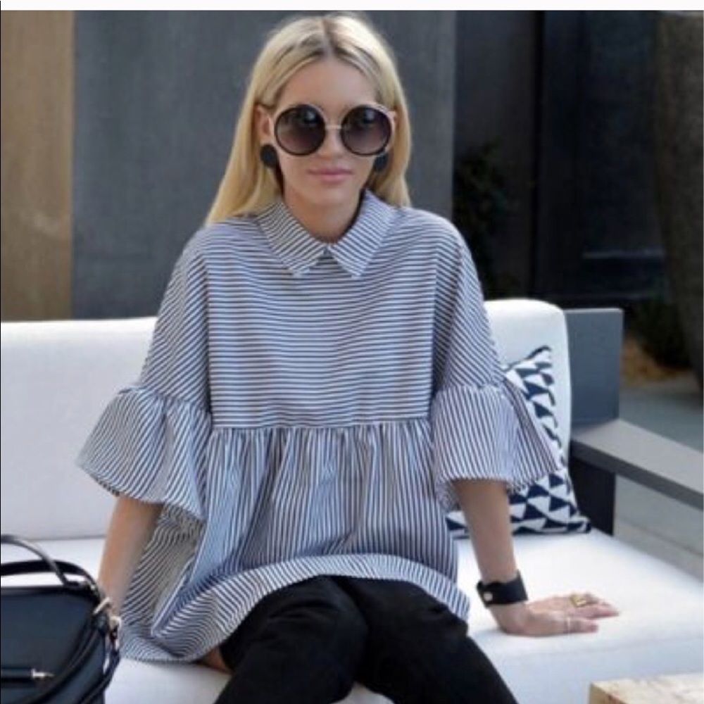 Blue and White Henley Ruffle Top XS